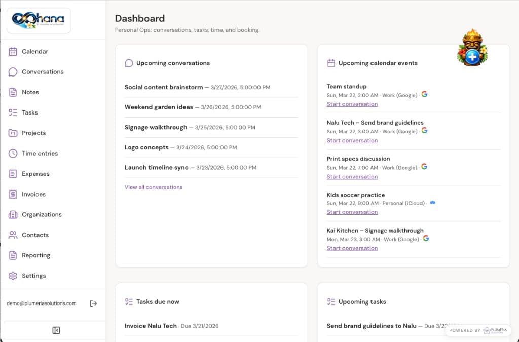 Ohana dashboard showing upcoming conversations, calendar events, and tasks