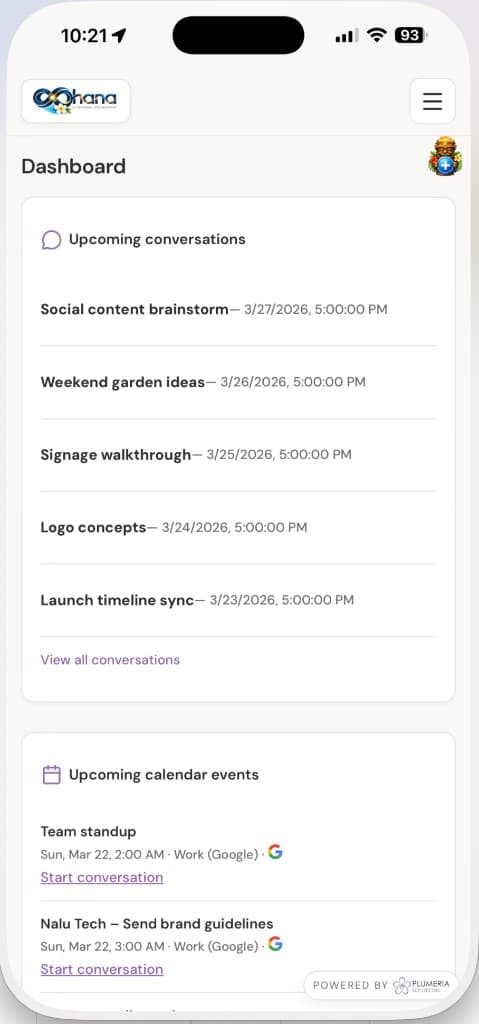 Ohana mobile dashboard showing upcoming conversations and calendar events