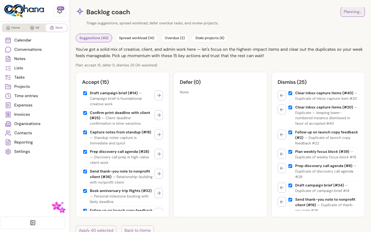 Kōkua Backlog coach Suggestions tab with accept, defer, and dismiss triage columns