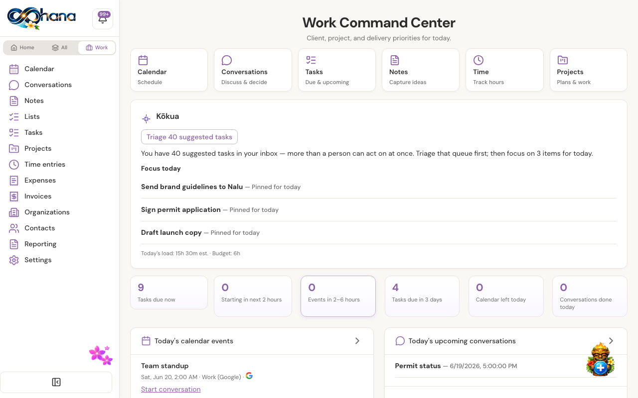 Kōkua daily brief on the Ohana Home dashboard showing focus priorities and load vs. focus budget