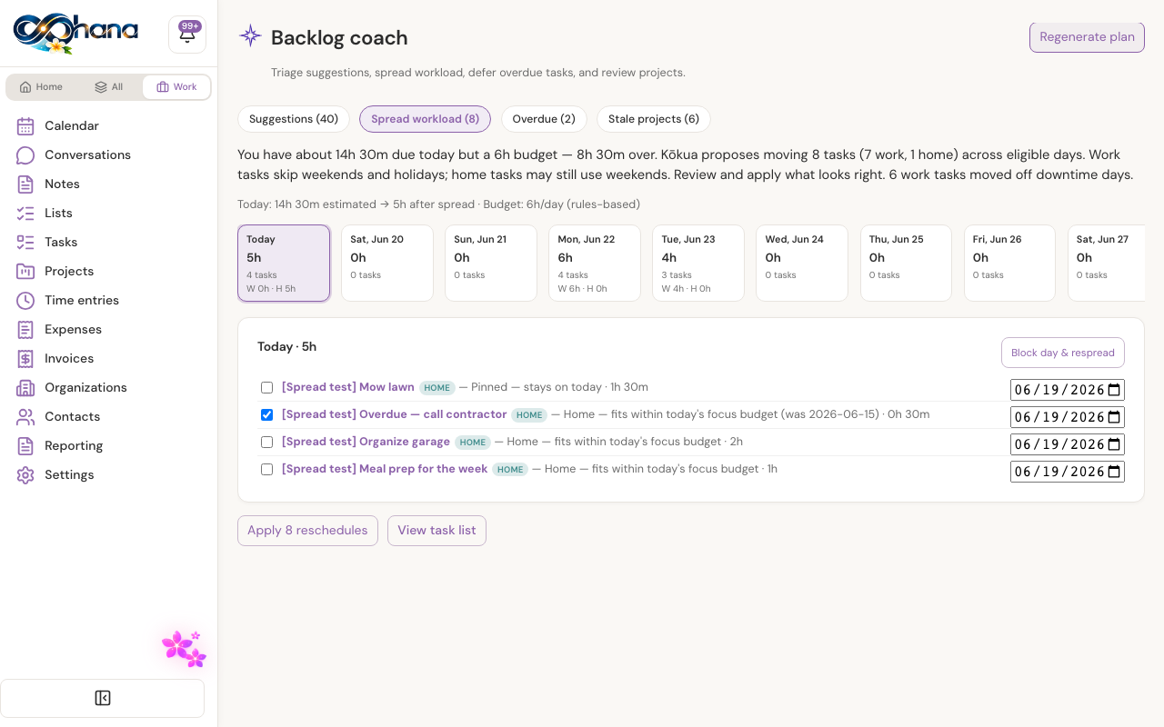 Kōkua Spread workload tab with day load strip and proposed due date changes
